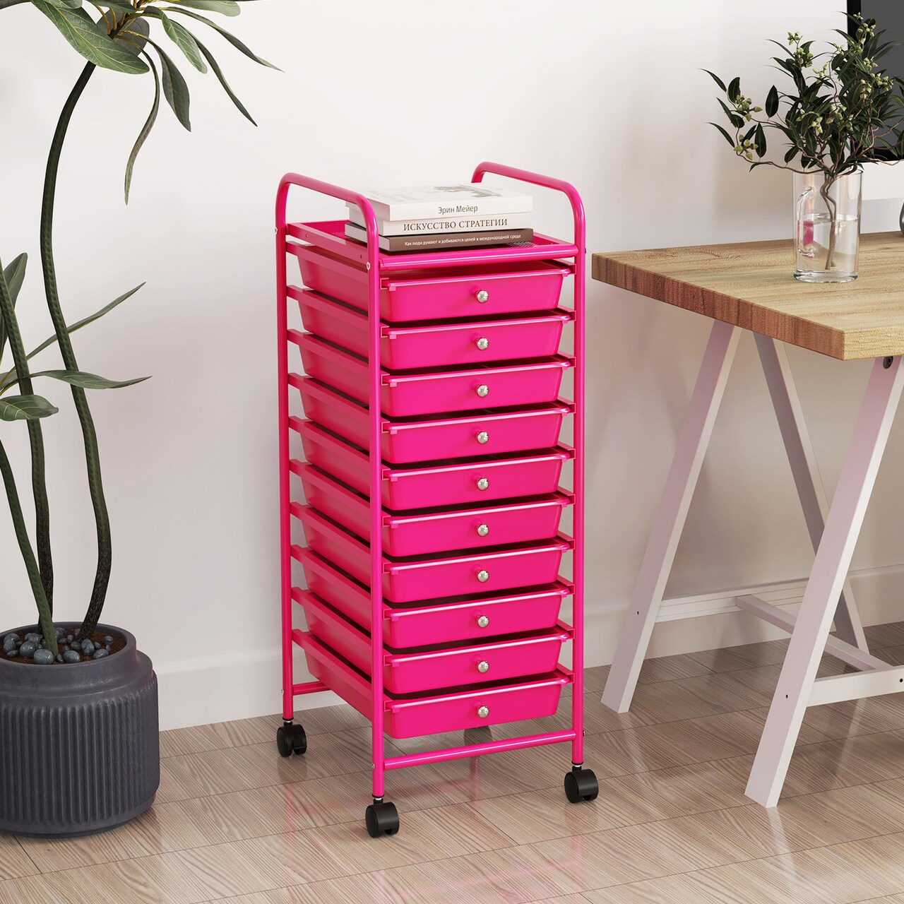 10-Drawer Rolling Storage Cart with Clear Drawers Steel Frame and Locking Wheels for Home or Office Use